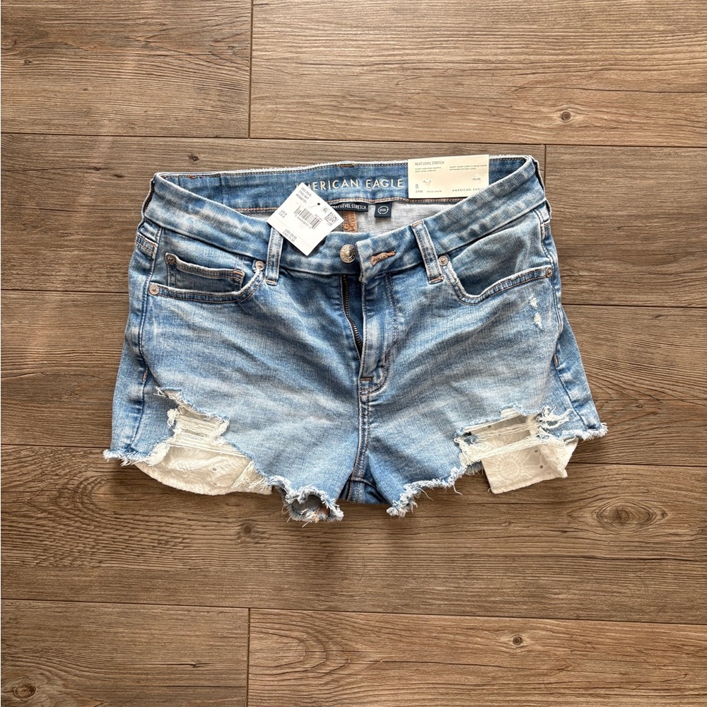 American Eagle Outfitters Light Blue curvy high rise Distressed Jean Shorts